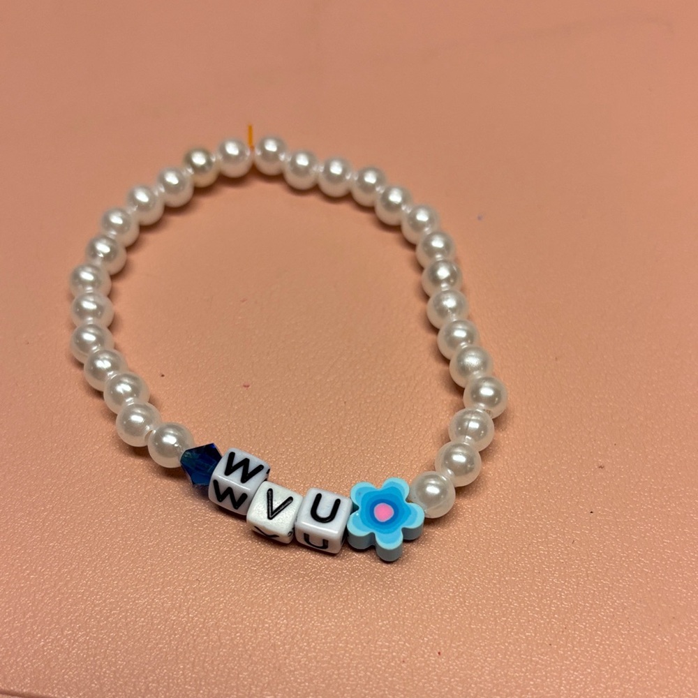 Pearl Beaded Bracelet with Blue Flower Charm